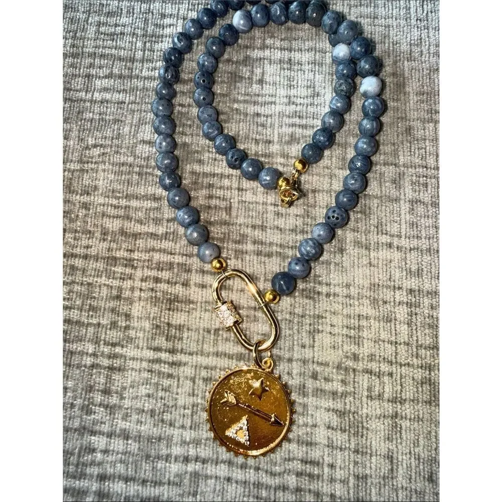 Gold Coin Pendant Necklace with Gray Beads